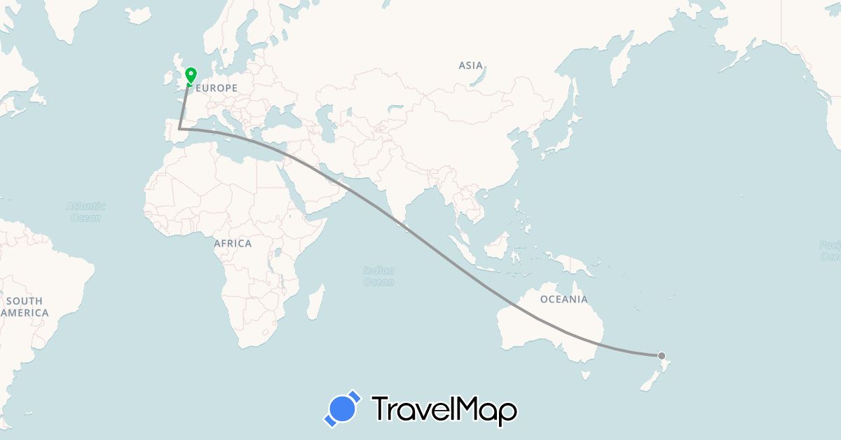 TravelMap itinerary: driving, bus, plane in Spain, United Kingdom, New Zealand, Qatar (Asia, Europe, Oceania)